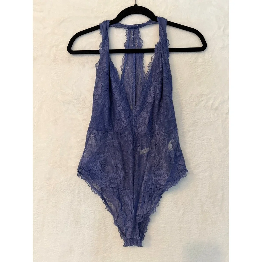 Free People‎ Blue Floral Lace Racerback Bodysuit Plunging V-Neck Lingerie Medium